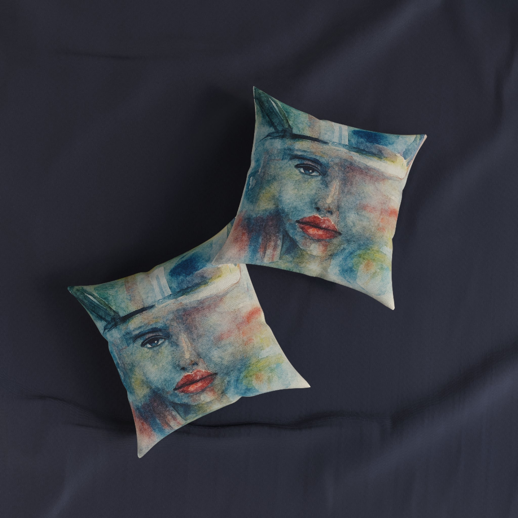 Behind The Layers Watercolor Face Square Pillow — Abstract Art Decorative Cushion