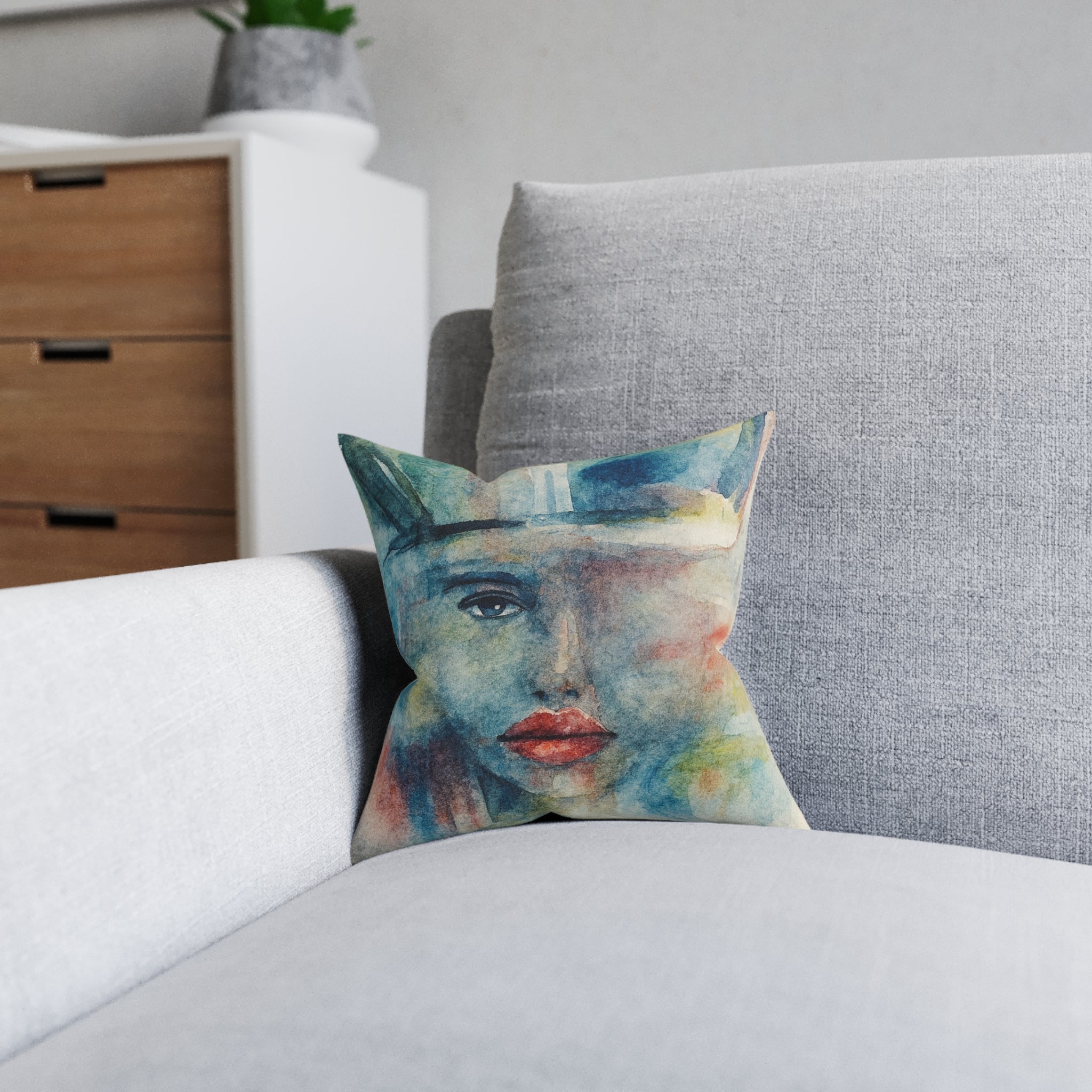 Behind The Layers Watercolor Face Square Pillow — Abstract Art Decorative Cushion