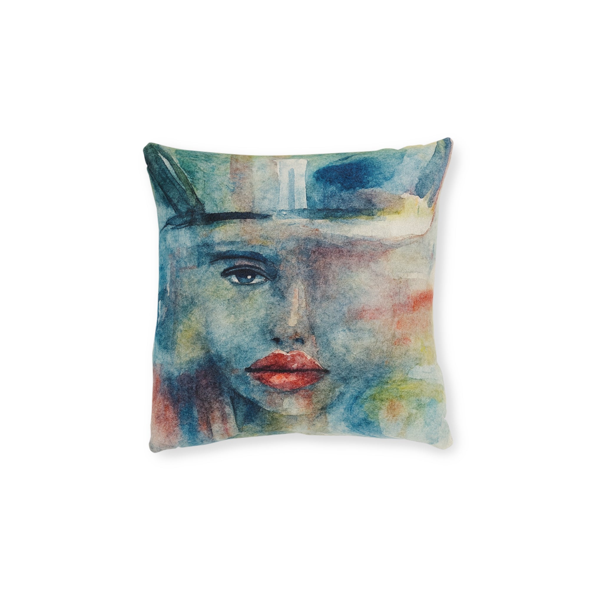 Behind The Layers Watercolor Face Square Pillow — Abstract Art Decorative Cushion