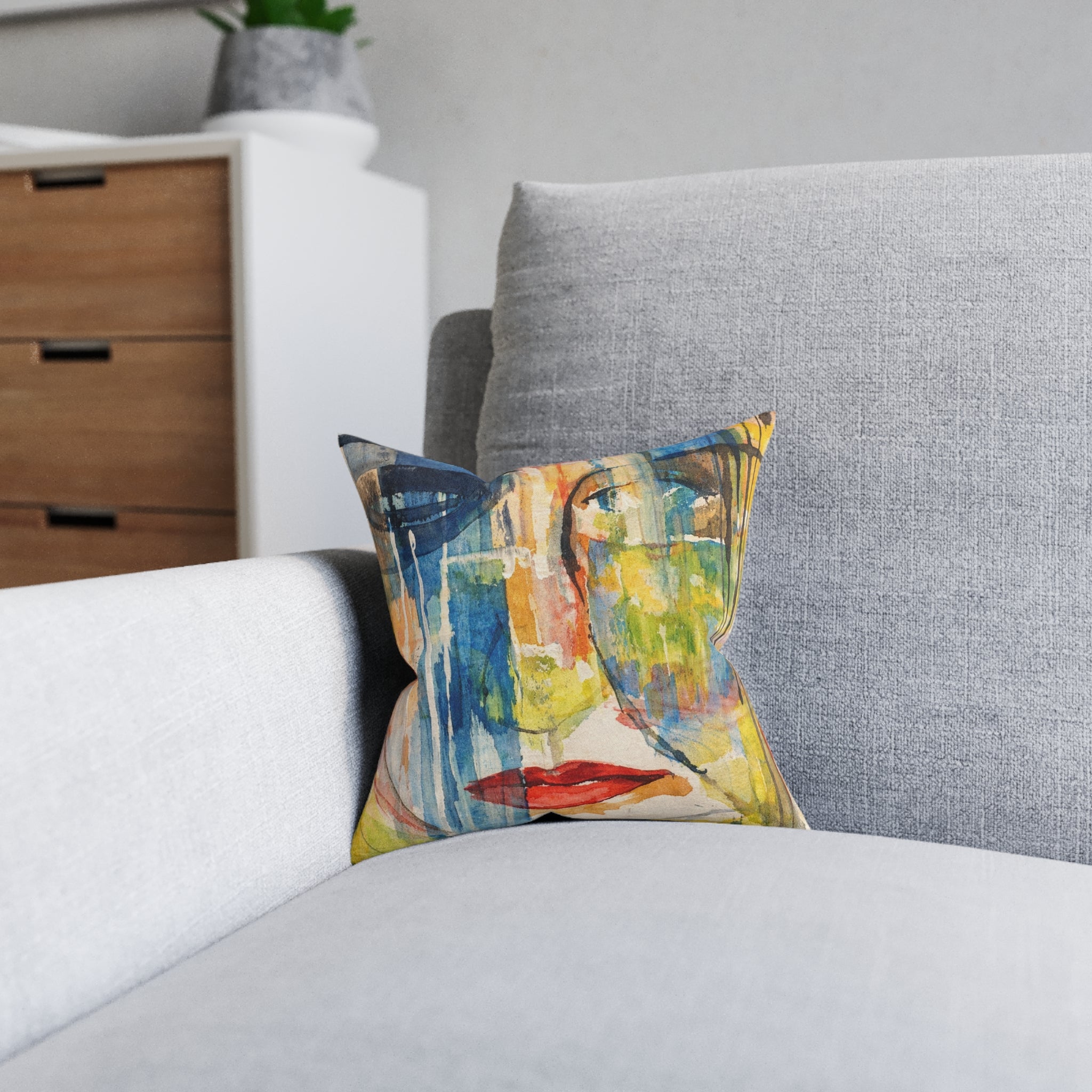 Silence in Motion — Abstract Watercolor Face Square Pillow