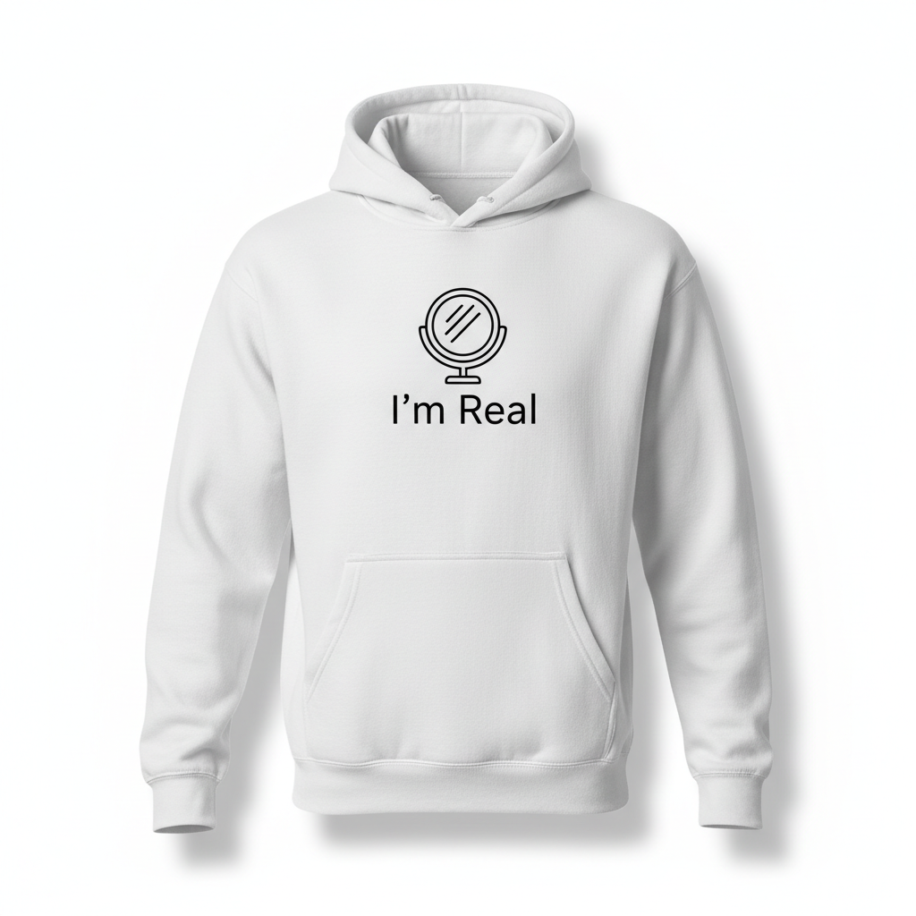 I'm Real vit hoodie framsida med spegelsymbol