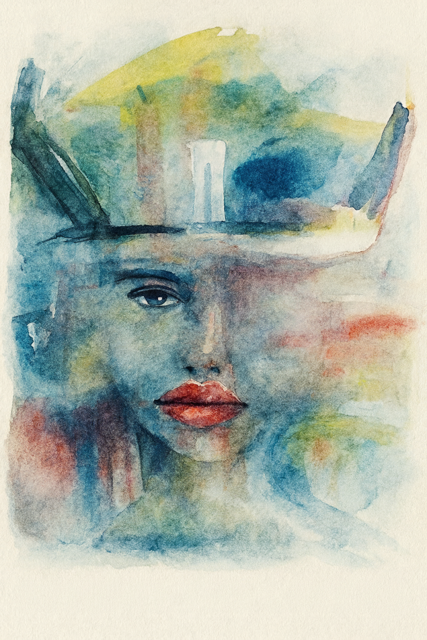 Layers väggplansch med akvarellporträtt i blå och gula toner